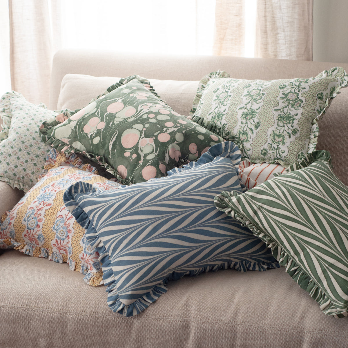 Marbled Ruffle Pillow, Cappuccino